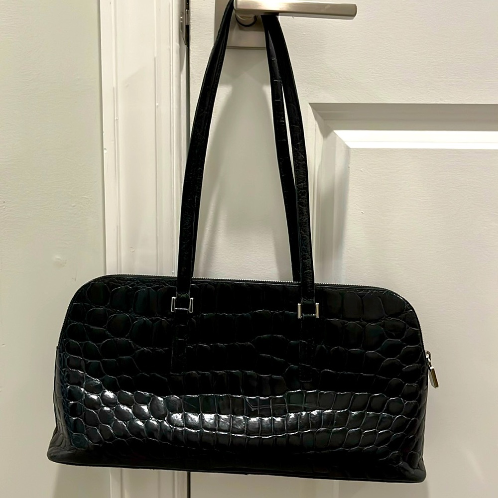 Furla Black Leather Croco Pattern Handle Bag